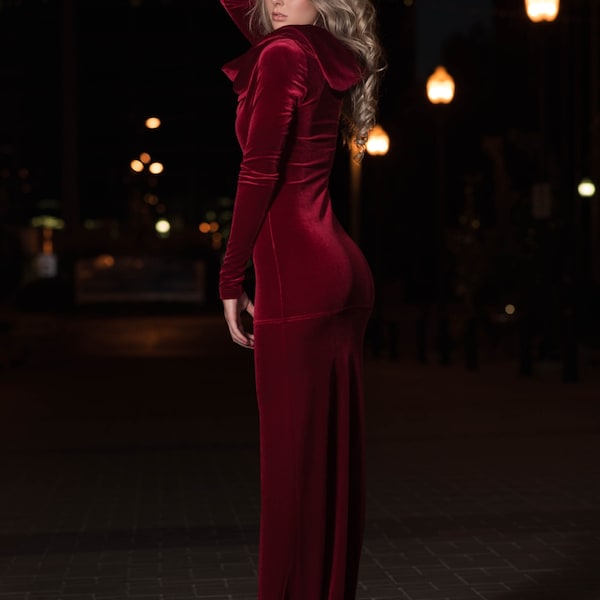 Maxi long red velvet hooded dress - fitted dress - maxi dress. Fit snug and a little tough to get off and on but once on stunning dress.