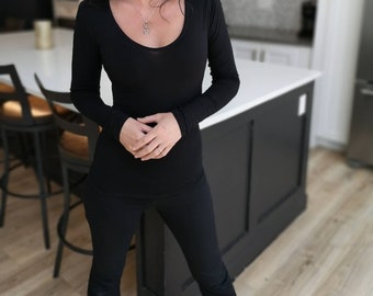 Black Long-sleeve Low Cut Fitted Top. - Etsy