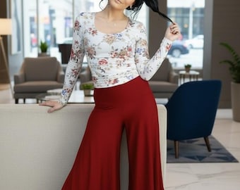 Red modal flowing pants with a high waist band.