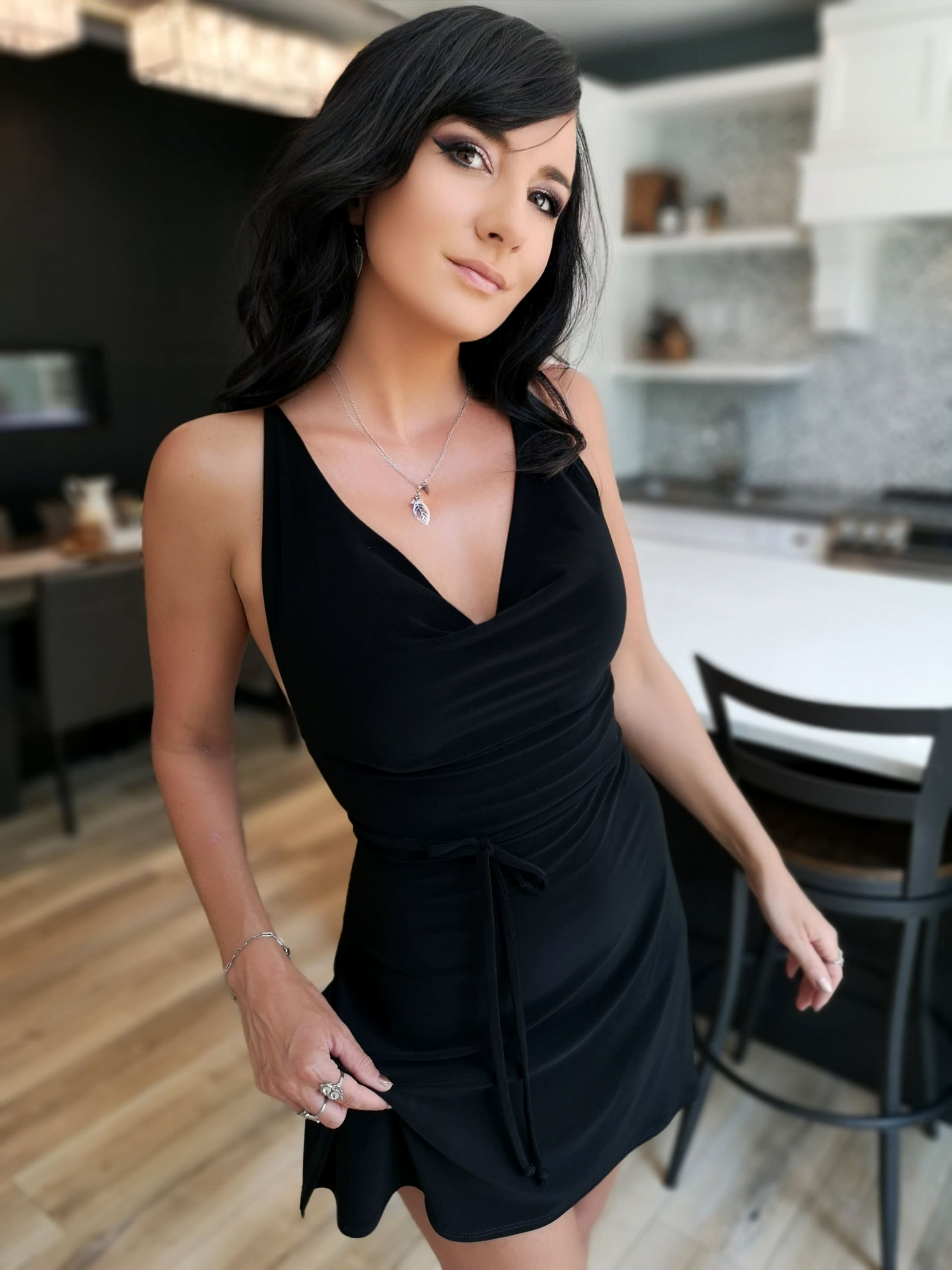 kelsey cowl neck mini dress - black Short With and Open Back Design Keep it cute in colour_champagne little black dress and Color:FOREST FOG