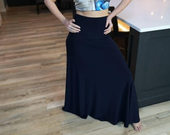 Navy Blue Maxi Skirt with High Waistband, Fitted Long
