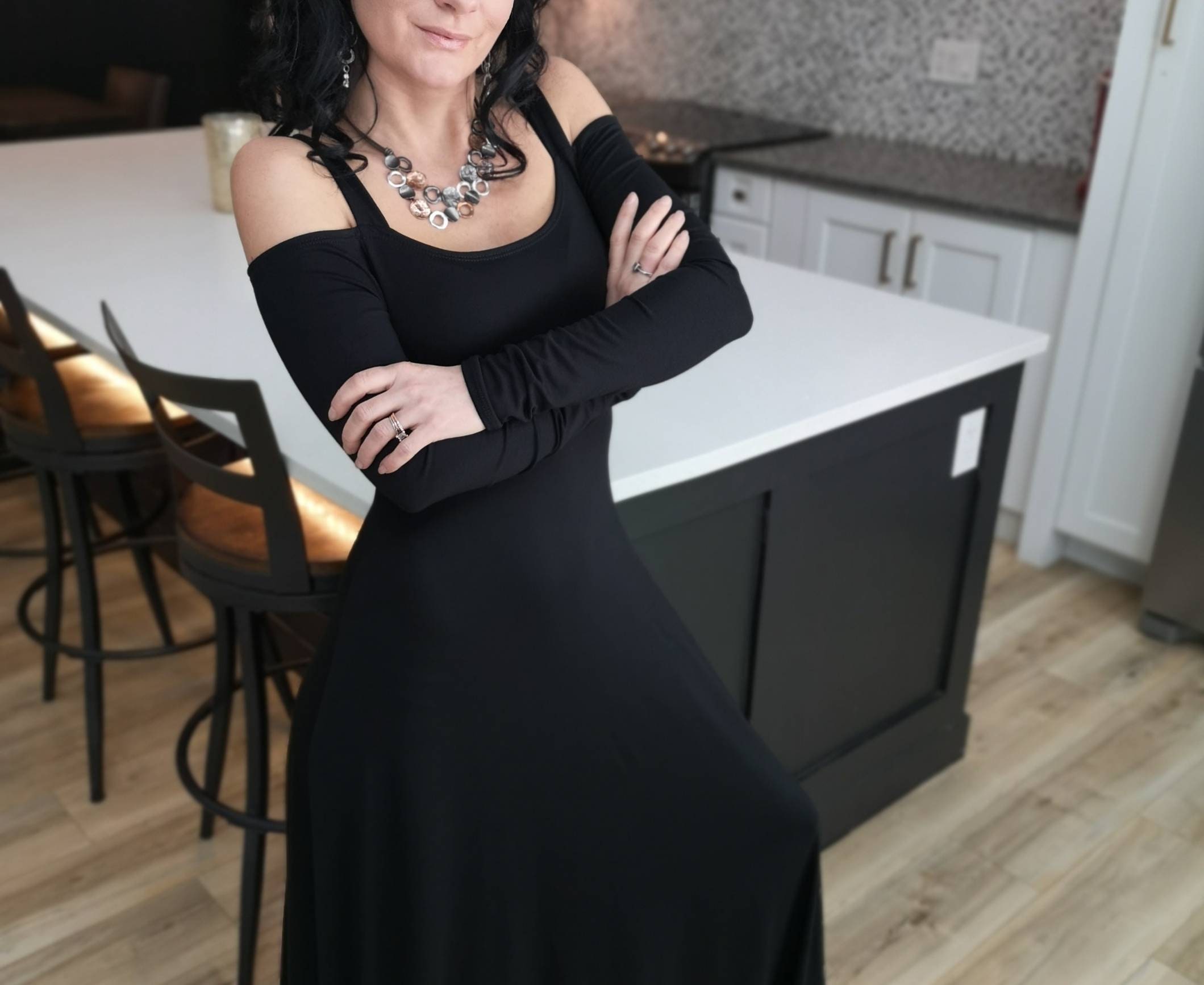 Maxi Dress Long Sleeve Exposed Shoulder 