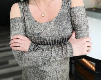 Gold Ribbed Cold Shoulder Top - Long Sleeve Tunic
