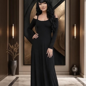 Cold Shoulder Dress, Black Polyester Spandex Long Sleeve Maxi