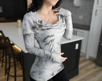 Gray bamboo long sleeve hooded/cowl neck fitted tunic tops.