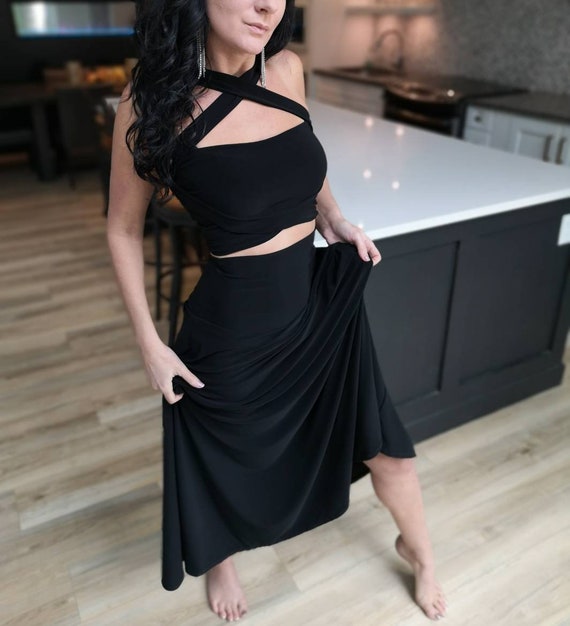 black a line skirt dress Akari | Black Crew-Neck Maxi Dress With Satin Skirt