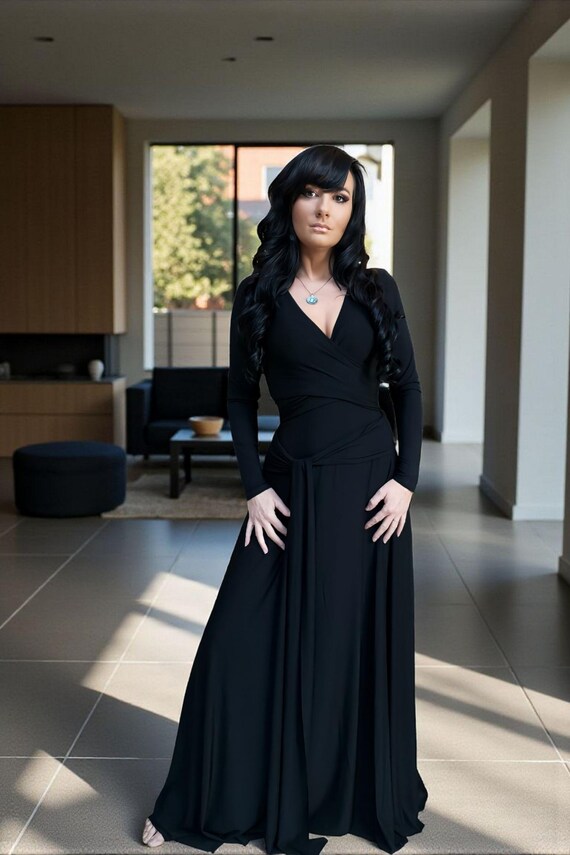 long sleeve spandex maxi dress Handmade Bamboo Maxi Dress - Women's Designer Apparel, Black long sleeve, Custom Size XS