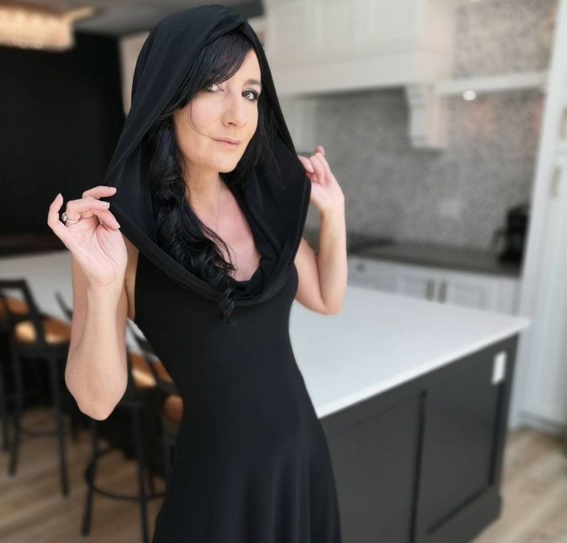 black hooded maxi dress