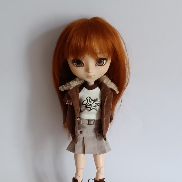 Brown velvet jacket, “Star” t-shirt, beige pleated skirt, Pullip, Obitsu 27, 26, 24, Pure Neemo, Made to move