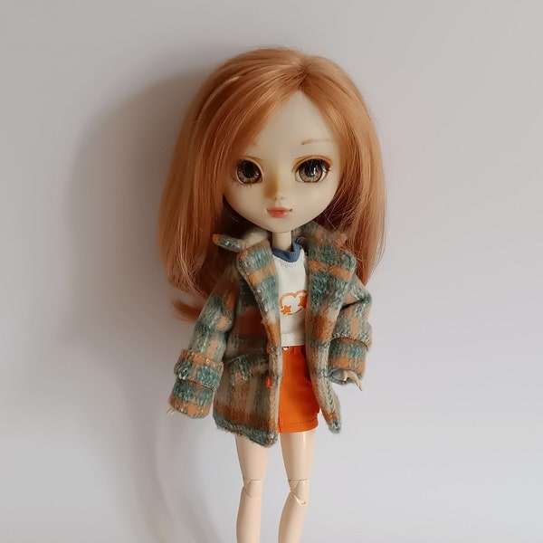 Blue/orange checkered coat, "star heart" t-shirt, orange skirt, Pullip, Blythe, Obitsu 27, 26,24, Pure Neemo, Made to move