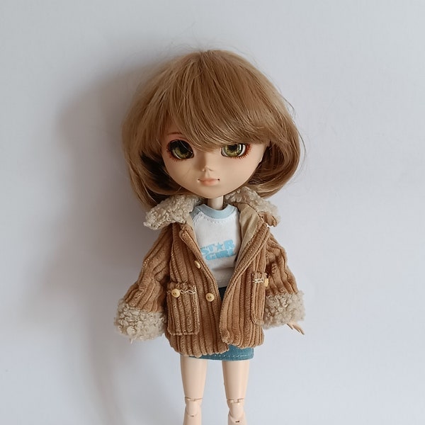 Brown velvet jacket, white blue "Star Girl" t-shirt, short denim skirt, Pullip, Blythe, Obitsu 27, 26, 24, Pure Neemo