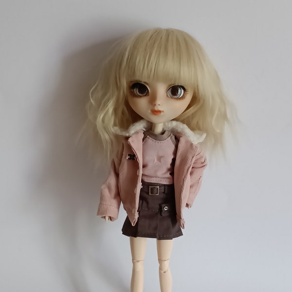 Pink velvet jacket, "star" t-shirt, khaki pleated skirt, Pullip, Blythe, Obitsu 27, 26, 24, Pure Neemo, Made to move