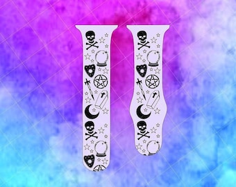 May include: A pair of white Apple Watch bands with a black and white pattern of skulls, stars, moons, pentagrams, and other occult symbols.