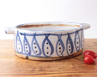 Oval Dish - Pea Pod Pattern Painted Stoneware Studio Pottery 1359