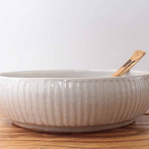 Tall Sided Serving Dish - White Fluted Stoneware Ceramic Bowl - Handmade Wheel Thrown Studio Pottery 247