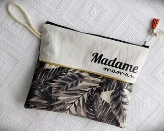 Pochette "Madame maman" en coton et lin à motifs palmes grises