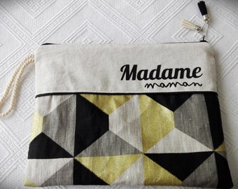 Pochette "Madame maman" en coton et lin à motifs géométriques, impression noire "Madame maman"