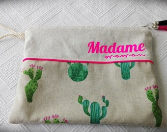 Pochette "Madame maman" en coton et lin à motifs cactus, impression rose fluo"Madame maman"