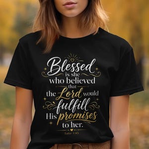 Shirt Blessed Is She Christian, T-shirt met imitatiegoudprint, Faith-T-shirt, schriftsweater, inspirerende hoodie voor haar
