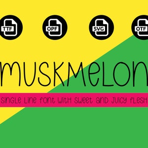 Könnte beinhalten: Eine schwarze und gelbe Grafik mit dem Text "MUSKMELON" in einer einzeiligen Schriftart. Der Text befindet sich auf einem gelben Hintergrund mit einer grünen Diagonalen. Die Grafik enthält außerdem vier schwarze Kreise mit weißen Dateisymbolen darin. Die Dateisymbole sind mit "TTF", "OPF", "SVG" und "OTF" beschriftet. Der Text "einzeilige Schriftart mit süßem und saftigem Fruchtfleisch" befindet sich unter der Grafik.