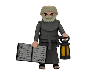 May include: A gray figurine of a monk holding a book and a lantern. The monk has a gray beard and a gray hooded robe. The book is open and has black text on a white background. The lantern is black with a yellow flame.