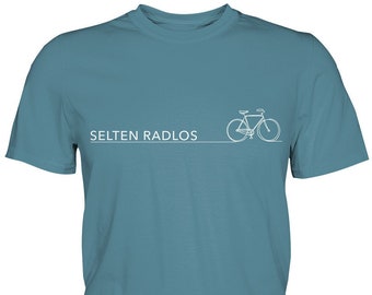 May include: A teal blue t-shirt with the text "SELTEN RADLOS" and a white outline of a bicycle on the front.