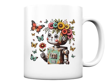 Robot child, spring flowers, vintage charm - matte mug