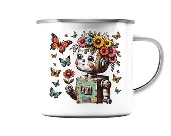 Robot Child, Spring Flowers, Vintage Charm - Enamel Mug (Silver)