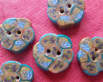 boutons design camaïeu ocre turquoise,  fait-main pour embellissement de veste, gilet..lot de 5.