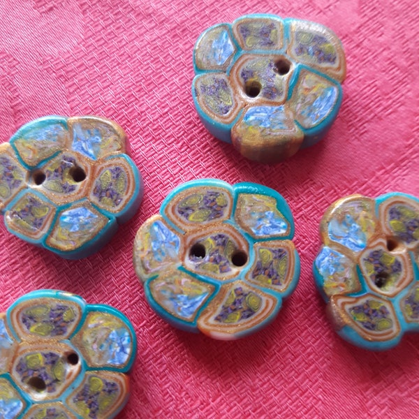 boutons design camaïeu ocre turquoise,  fait-main pour embellissement de veste, gilet..lot de 5.