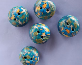 Boutons couture liberty bleu, , lot de 5 boutons  fait main en argile polymère,   vêtements , déco..