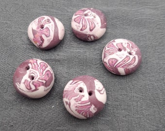 Purple domed buttons, 5 sewing buttons in polymer clay for makeover of clothing bags..