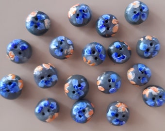 Set of 9 small buttons with periwinkle and tangerine floral pattern, layette, clothing, sewing..