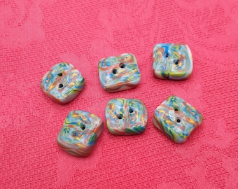 small square buttons arabesques blue red yellow for embellishing blouses, layettes, etc. set of 6.