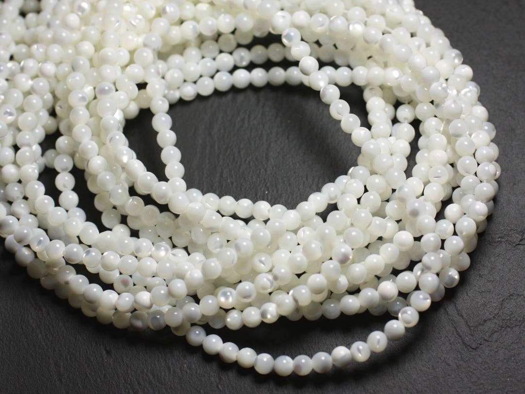 20 Perles Coquillage Nacre Boules 4mm Blanc Irisé - DIY Bijoux - Fait Main En France - Neuf