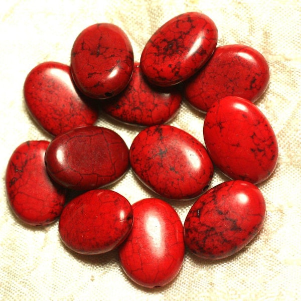 Fil 39cm 19pc env - Perles Pierre Turquoise Synthese Ovales 20x15mm Rouge