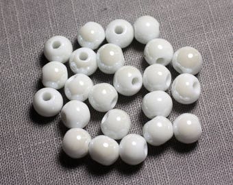 100pc - Porcelain Ceramic Beads Balls 10mm Iridescent White