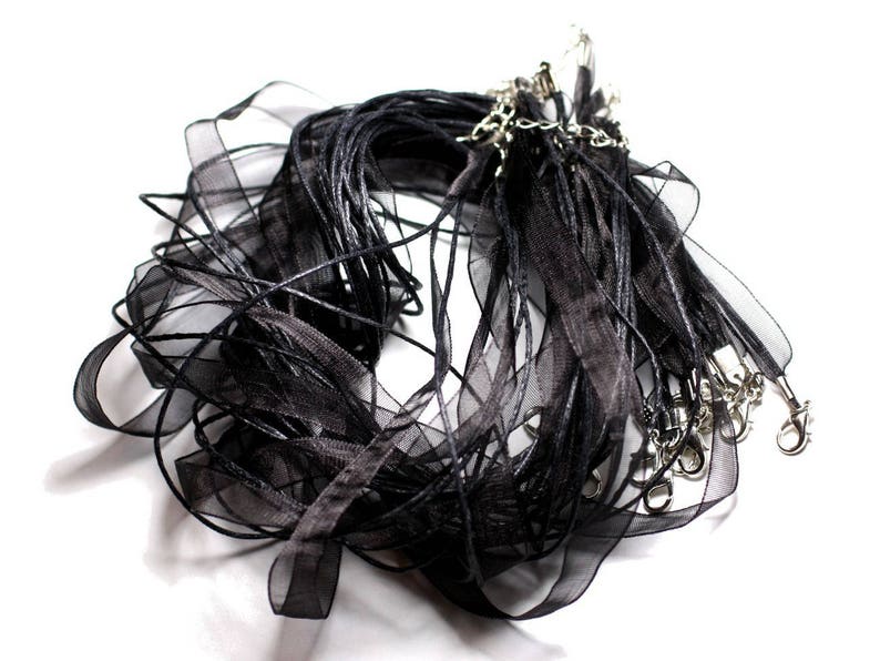 100pc Colliers Tours de Cou 47cm Coton et Tissu Organza 10mm Noir image 1