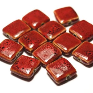 50pc - Square Porcelain Ceramic Beads 16-18mm Spotted Red
