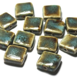 50pc - Square Porcelain Ceramic Beads 16-18mm Spotted Turquoise Blue