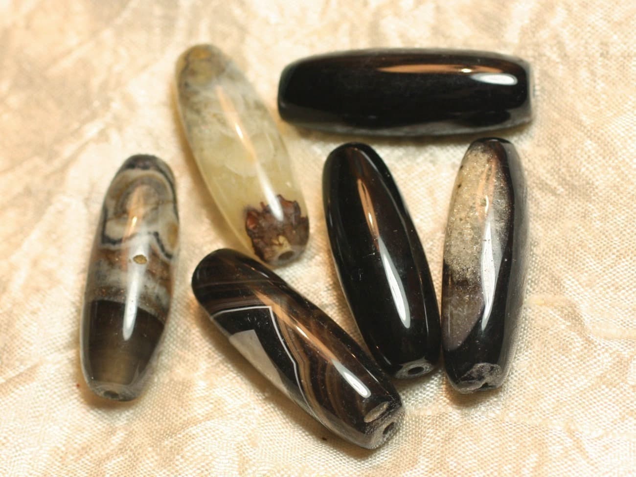 Perle Fuseau En Onyx Noir Et Quartz Olive - 40x13mm - DIY Bijoux - Fait Main En France