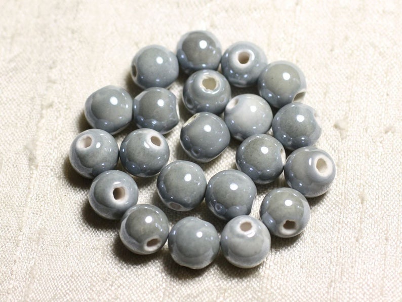 100pc Perles Ceramique Porcelaine Boules 10mm Gris clair perle pastel image 1