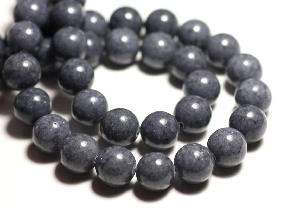 Fil De Perles En Jade Gris Anthracite - 39cm, 34 Pièces, Boules 12mm, Neuf Fait Main