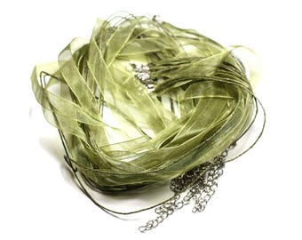 100pz - Collane Girocollo 47cm Cotone e Tessuto Organza 10mm Verde Cachi