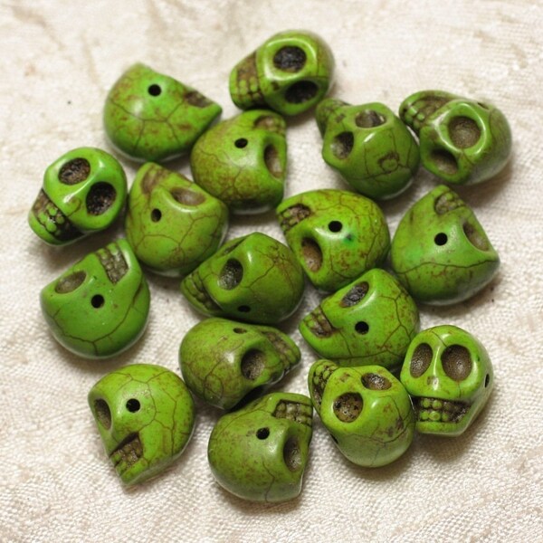 10pc - Pearls Turquoise Stone Synthesis Crane Death's Head 14x10mm Green Apple Fluo