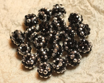 5pc - Perles Shamballas Résine 12x10mm Noir et Argenté N°1  4558550007087