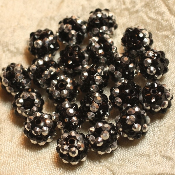 5pc - Perles Shamballas Résine 12x10mm Noir et Argenté N°1  4558550007087