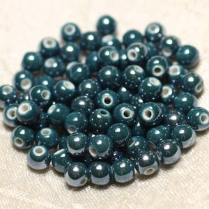 10pc - Porcelain Ceramic Beads Balls 6mm duck blue green iridescent petrol peacock - 8741140010659
