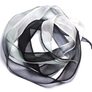 Hand-dyed Silk Ribbon Necklace 130x1.8cm White Gray Black (SOIE104) - 8741140003057