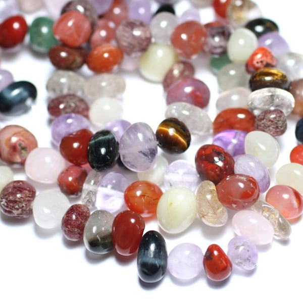 Strand 39cm 53pc approx - Stone Beads - Lot Mix Amethyst Quartz Tiger Agate etc Rolled pebbles